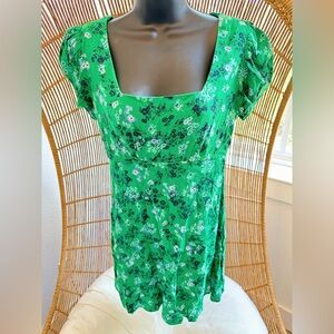 Green & Blue Floral Summer Dress Rayon By ROW.A A-Line Slim Fit Square Bust M